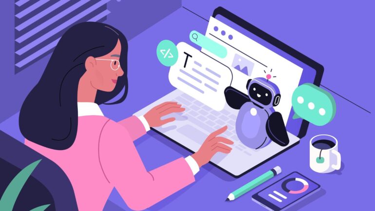 Vrouw achter een laptop bezig met AI-bot.