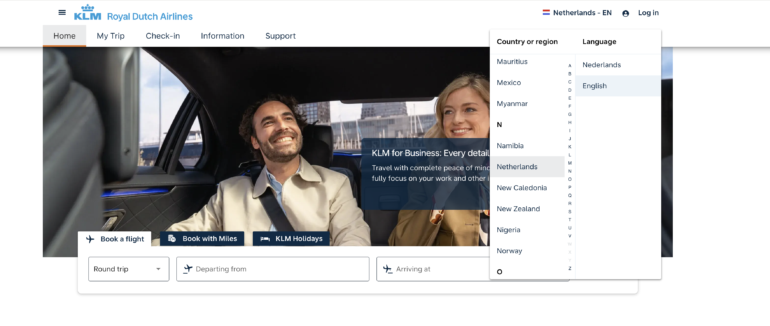 Verschillende talen op de website van KLM