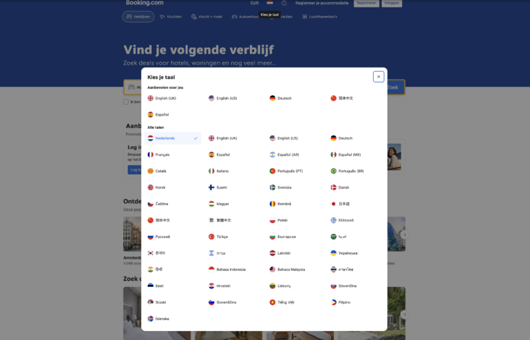 Verschillende talen op de website van Booking