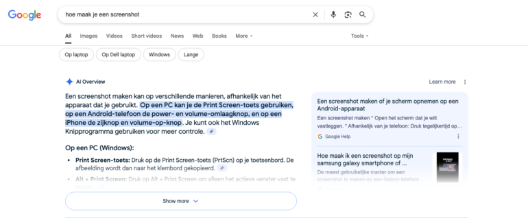 Voorbeeld van AI Overviews