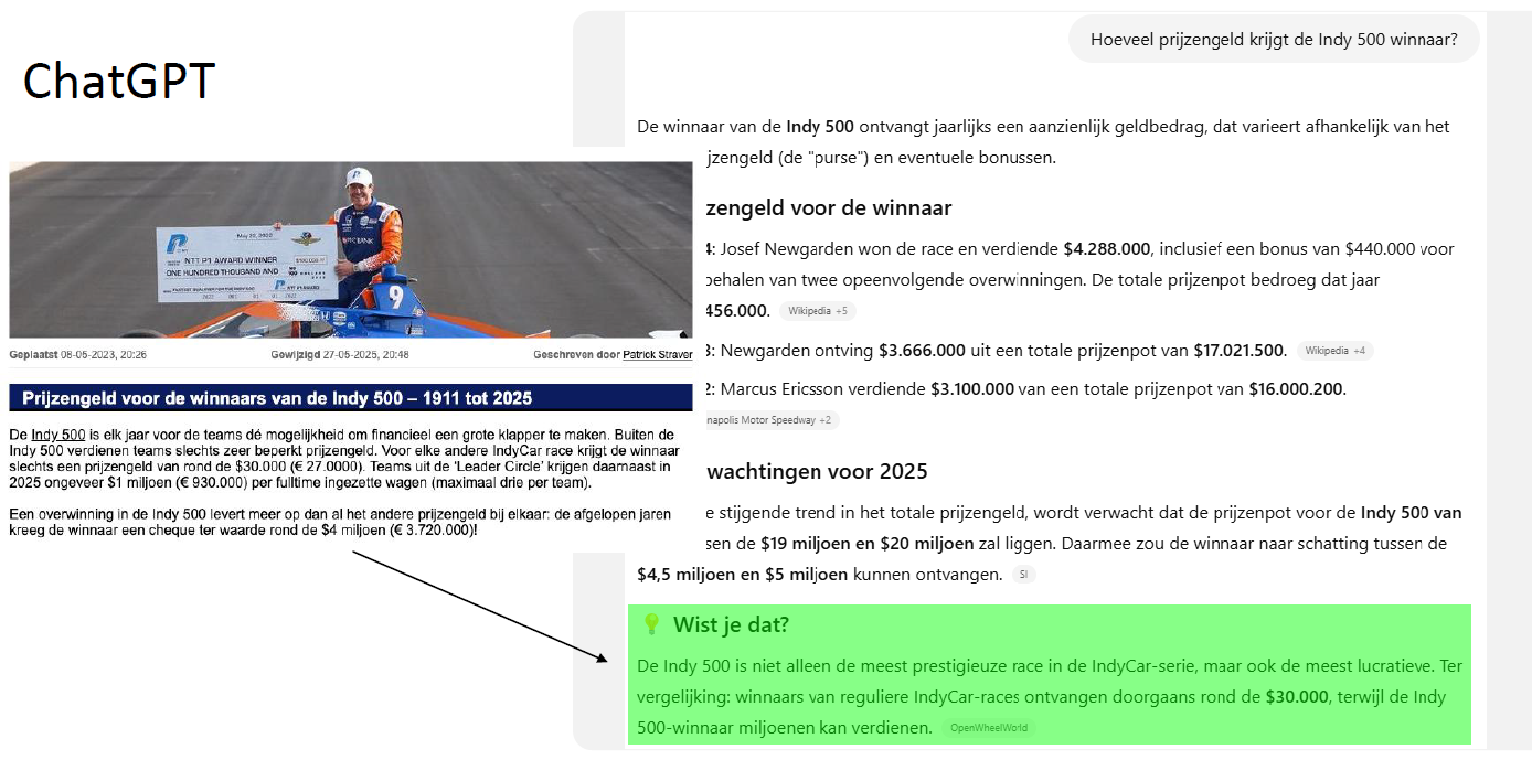 Voorbeeld van een AI-antwoord met daarbij de bron die nieuwe informatie toevoegt