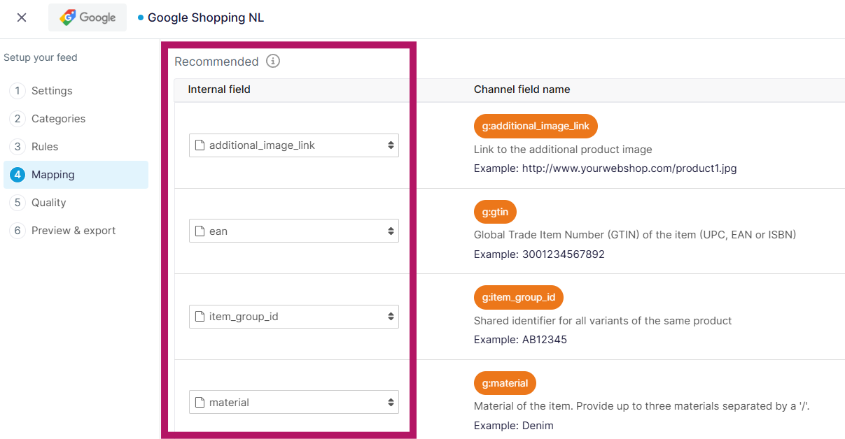 Channable: aanbevolen velden voor je Google shopping feed.