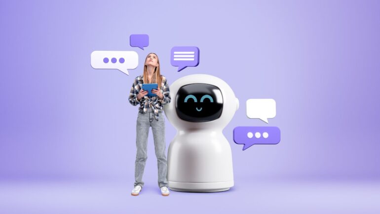 Een vrouw met tablet en een ai-robot op de achtergrond.