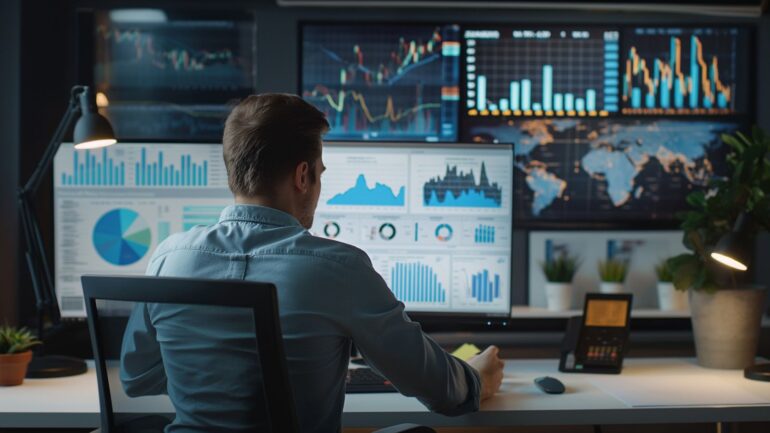 Man zit achter een computerscherm met data.