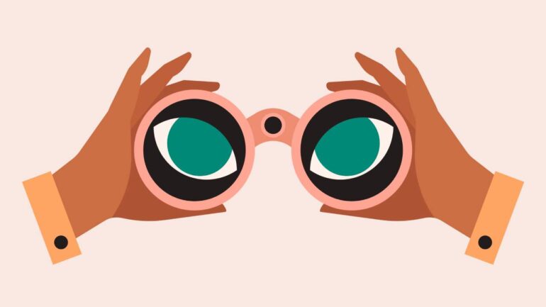 Illustratie van iemand die observeert met ogen door verrekijker