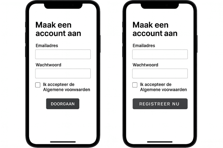 Een A/B-test tussen 'Doorgaan' en "Registreer nu'. 