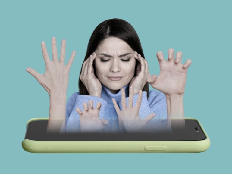 Een illustratie van een mobiel met een vrouw erboven die de negatieve reacties niet aankan. 