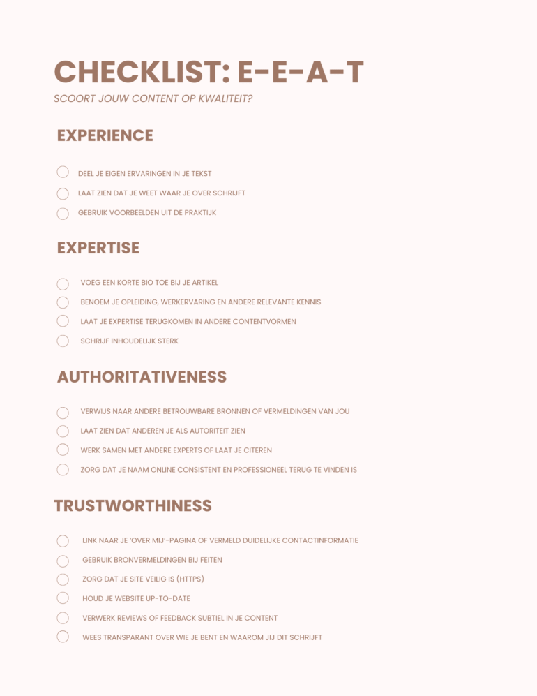 E-E-A-T checklist om te kijken of je content voldoet aan E-E-A-T