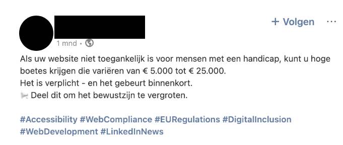 LinkedIn-post met waarschuwing over EAA-boete