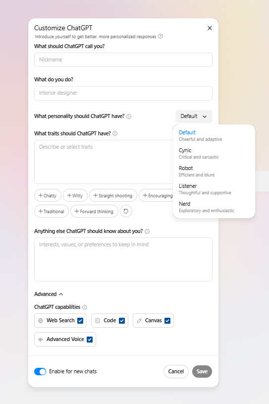 customize ChatGPT personality's