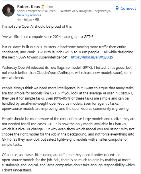 linkedin-post robert keus over kritiek op GPT-5