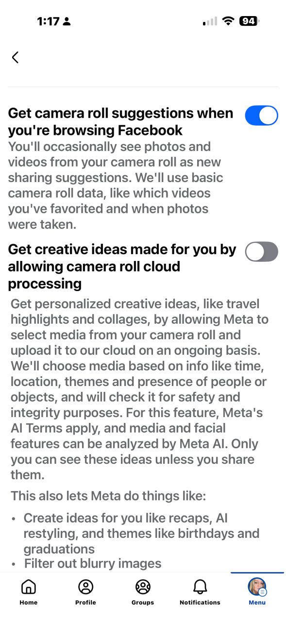 vinkje aan of uit bij get creative ideas made for you by allowing camera roll cloud processing