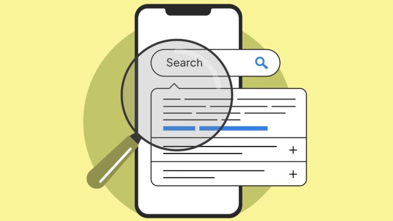 Een illustratie van een vergrootglas bij een telefoon, zero-click content.