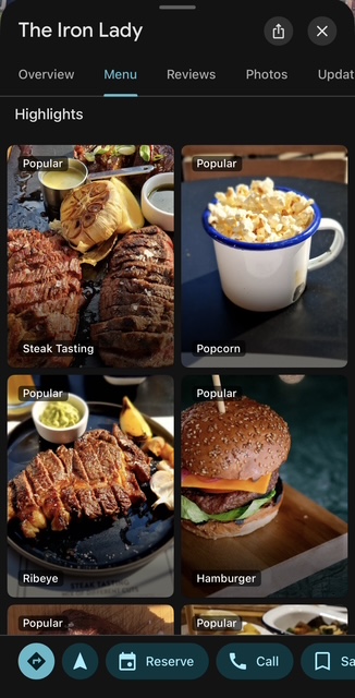 Highlights menu restaurant in Google Maps