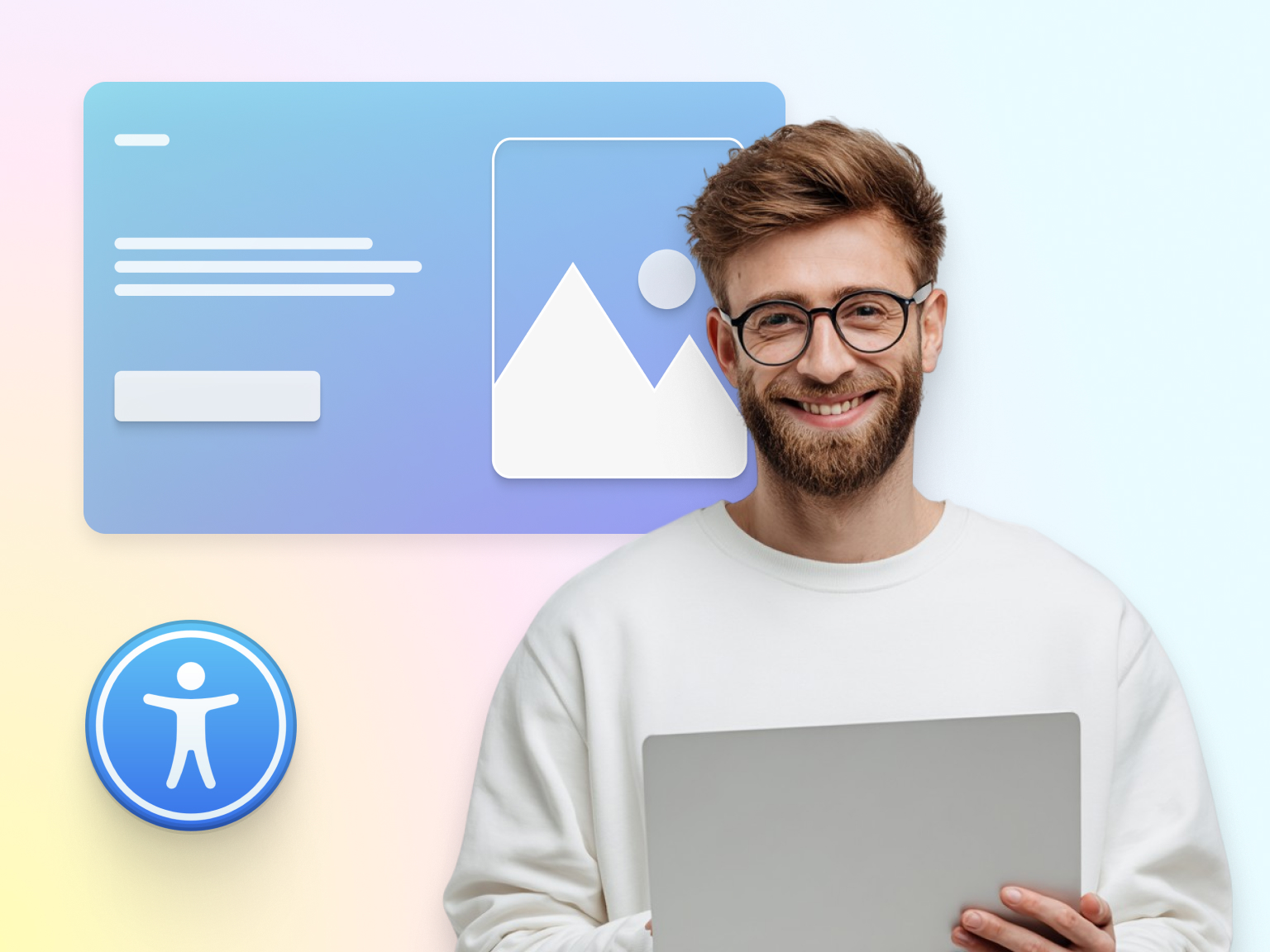 Afbeelding met een jonge man met bril en baard, die glimlacht en een laptop vasthoudt. Op de achtergrond is een blauw-paars gestileerd webinterface te zien met tekstregels, een afbeelding en een knop. Linksonder staat een groot blauw toegankelijkheidspictogram.