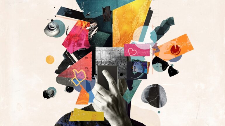 Abstract beeld van persoon met telefoon en nieuwsberichten eromheen ter illustratie van opvallende mediamomenten 2025