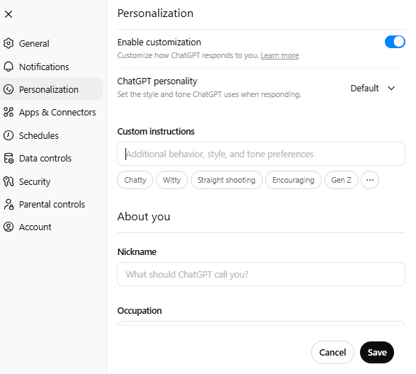 Personalisatie bij ChatGPT. Wat ChatGPT over jou moet weten