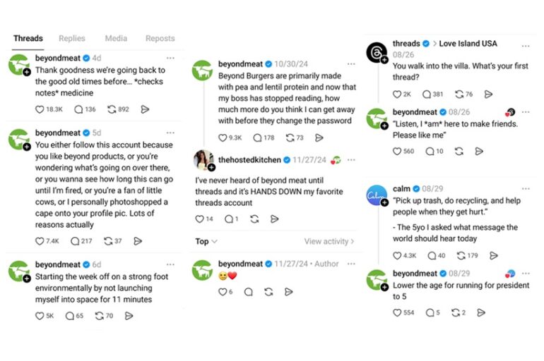 Screenshots van posts op Threads van Beyond Meat