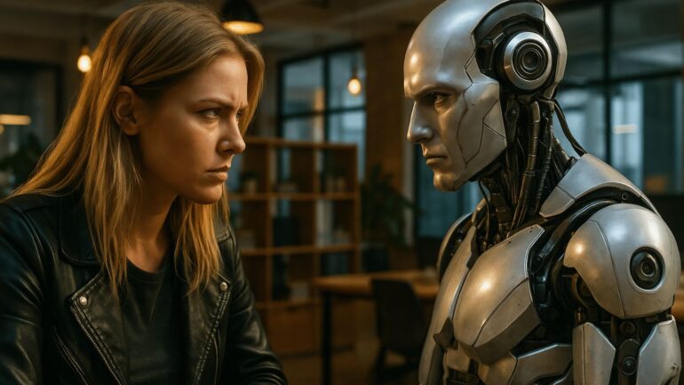 Robot en mens kijken elkaar aan met een doordringende blik.