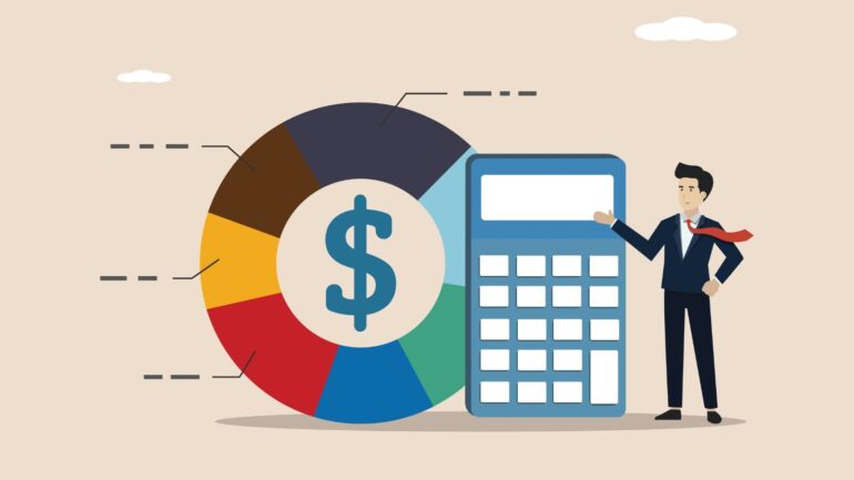 Cirkeldiagram met kosten, rekenmachine en een marketeer.