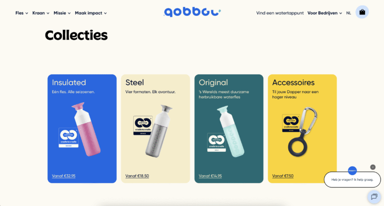 Dopper gebruikt felle kleuren in de website om identiteit over te brengen 