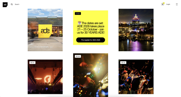 ADE gebruikt felle kleuren in de website om identiteit over te brengen 