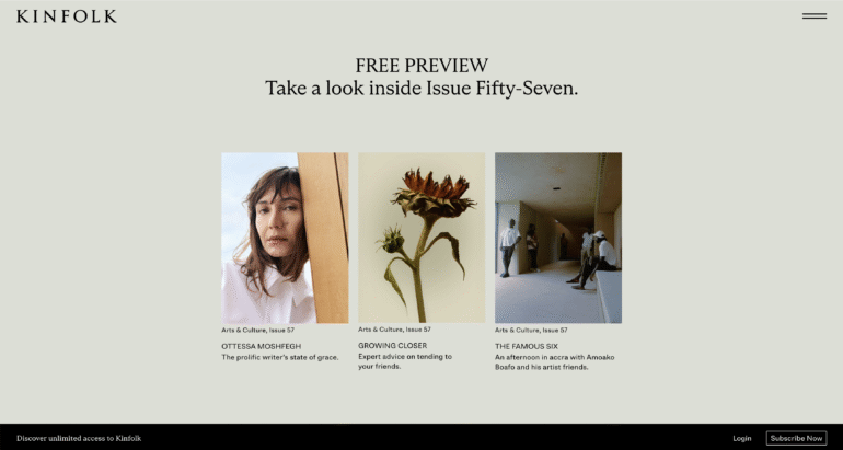 Minimalistische homepage van Kinfolk