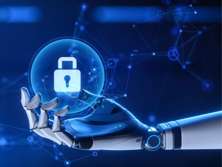 Een robothand met een slot van veiligheid.