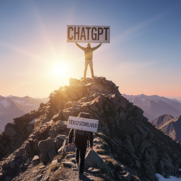 Persoon met bord met de tekst 'ChatGPT' als winnaar op rots en persoon met bord met de tekst 'tekstschrijver' onderaan de rots