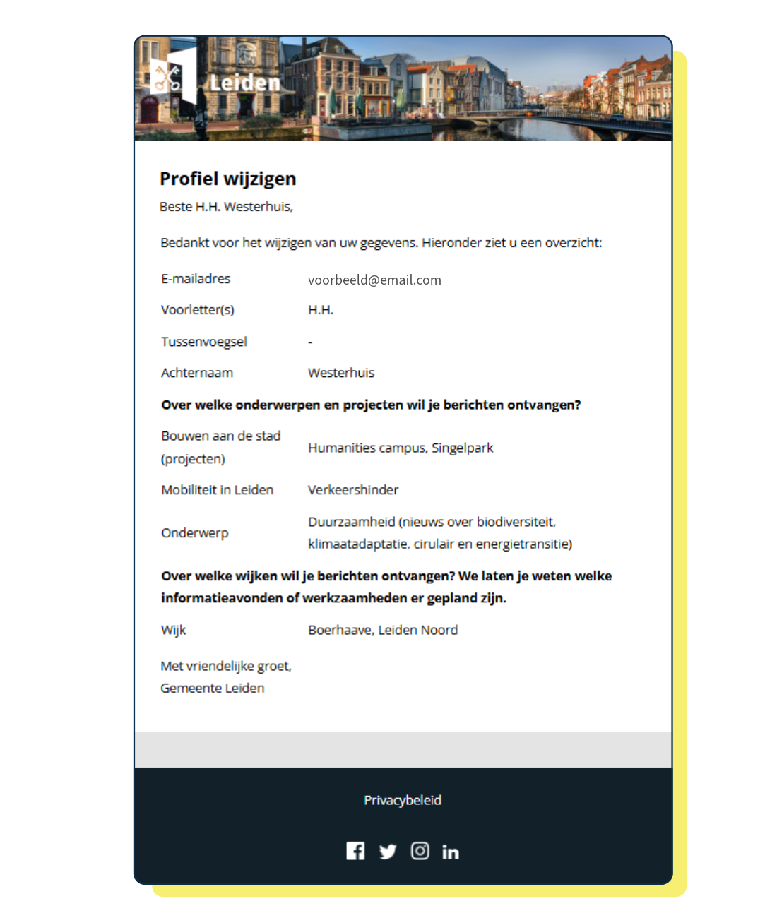 Bevestiging van de gemeente Leiden van een profielwijziging