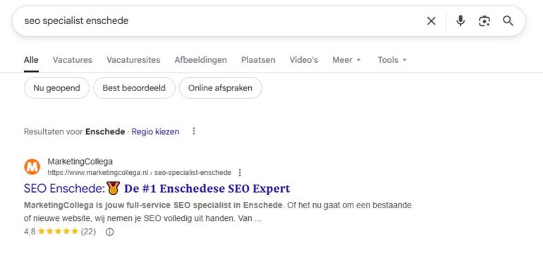 Google resultaat met een meta title die een emoji en bold tekst bevat.