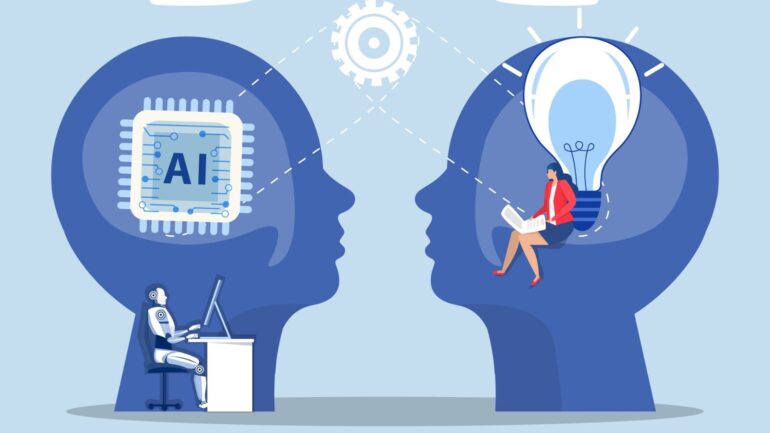 Twee hoofden: 1 met een robot en AI en een met een werkend persoon.