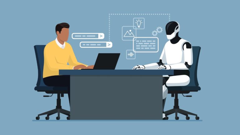 Man en robot aan een tafel