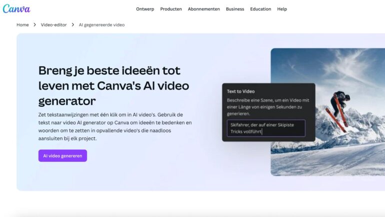 Screenshot Canva: breng je beste ideeën tot leven met Canva's AI video generator