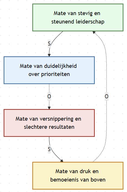 Vier elementen: mate van stevig en steunend leiderschap, mate van duidelijkheid over prioriteiten, mate van versnippering en slechtere resultaten, mate van druk en bemoeienis van boven