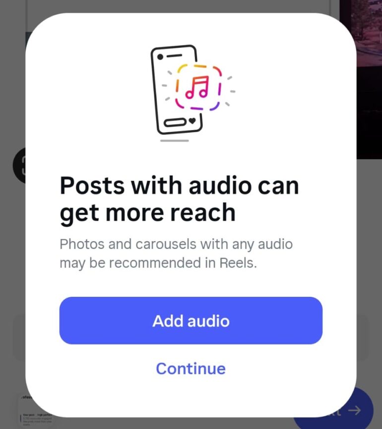 Pop-up van Instagram dat posts met muziek meer bereik oplevert