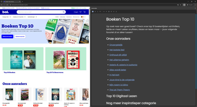Links: de bol.com-pagina zoals een gebruiker die ziet. Rechts: dezelfde bol.com-pagina in leesmodus.