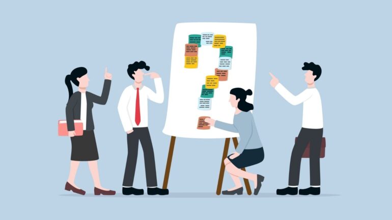 Illustratie. van werknemers en een prikbord met vraagtekens