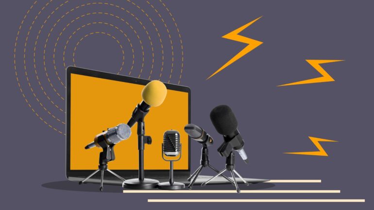 Laptop met microfoons en bliksemflitsen ter illustratie van opvallende mediamomenten eind 2025