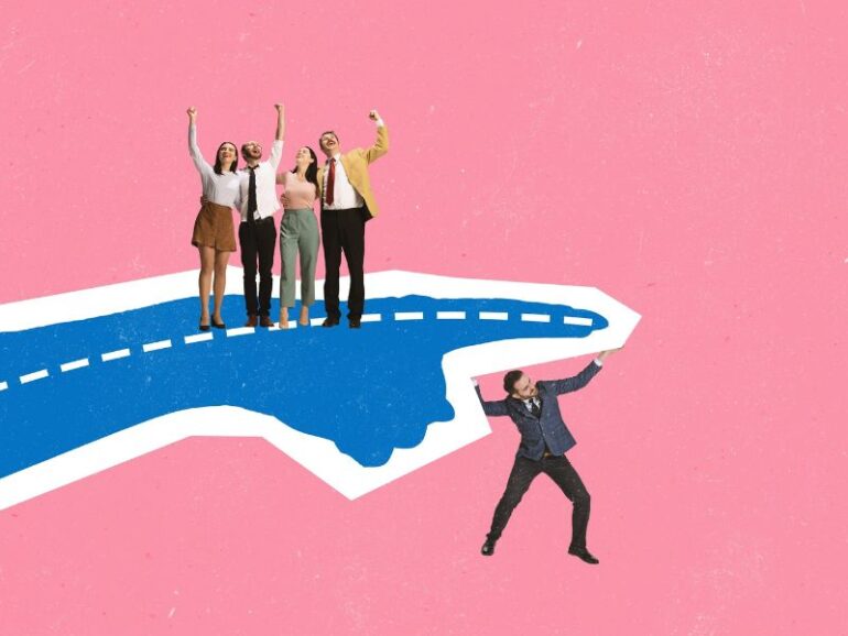 Een illustratie van een hand die een richting opwijst en collega's die daaraan hangen.