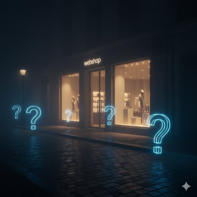 Conceptuele afbeelding van een webshop die onzichtbaar is voor AI-navigatiesystemen door ontbrekende gestructureerde data.