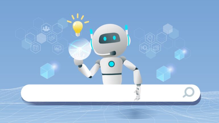 Illustratie van zoekbalk met robot bij artikel over schrijven voor SEO en GEO