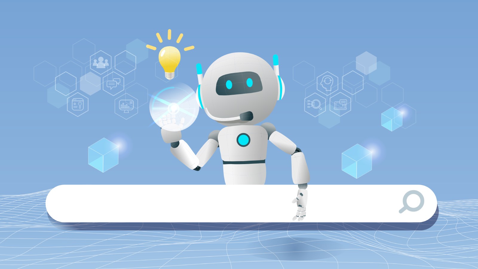 Illustratie van zoekbalk met robot bij artikel over schrijven voor SEO en GEO