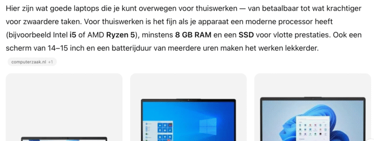 De zoekvraag “Goede laptop voor thuiswerken” gesteld aan ChatGPT