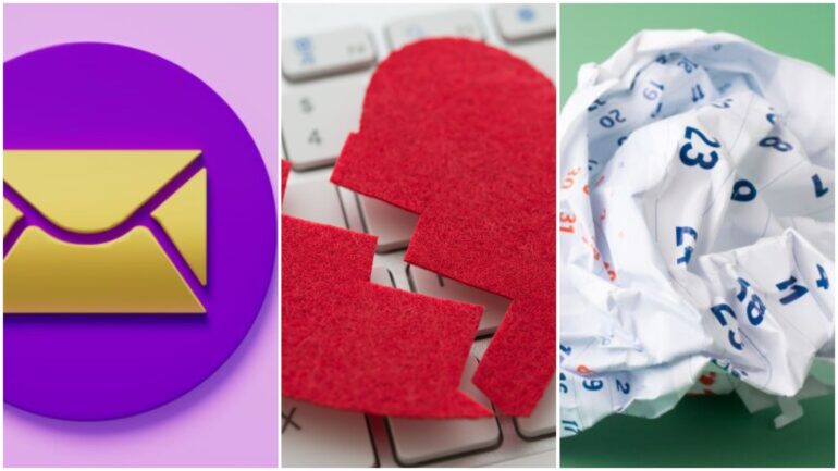 Collage met 3 afbeeldingen van envelop, gebroken hart en verfrommelde kalender