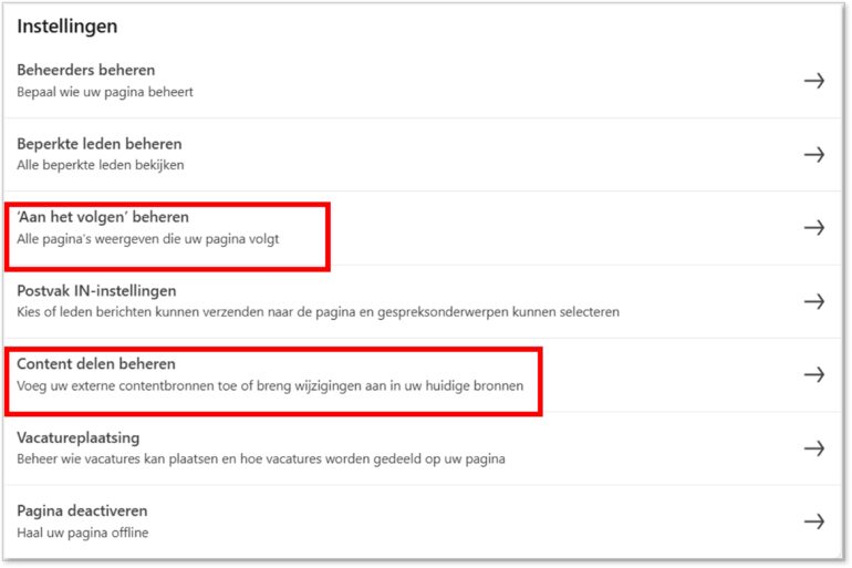 Bedrijfspagina Instellingen