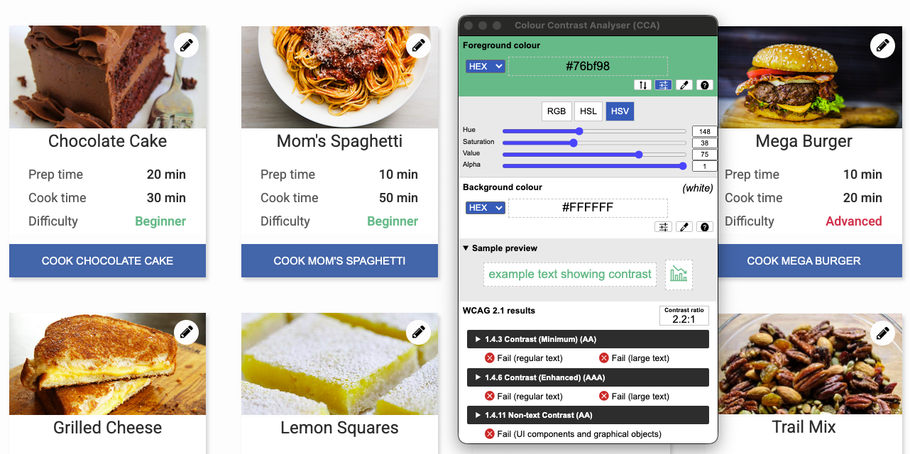 De contrast analyser naast een ontoegankelijke groene tekst