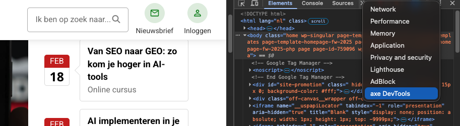 Het opstarten van axe DevTools via Chrome