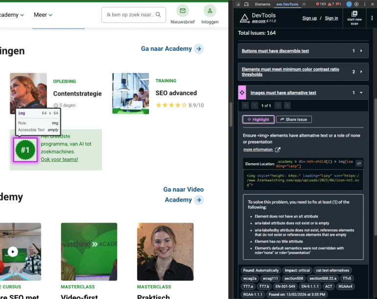 Een fout gerelateerd aan alternatieve teksten op de website van Frankwatching