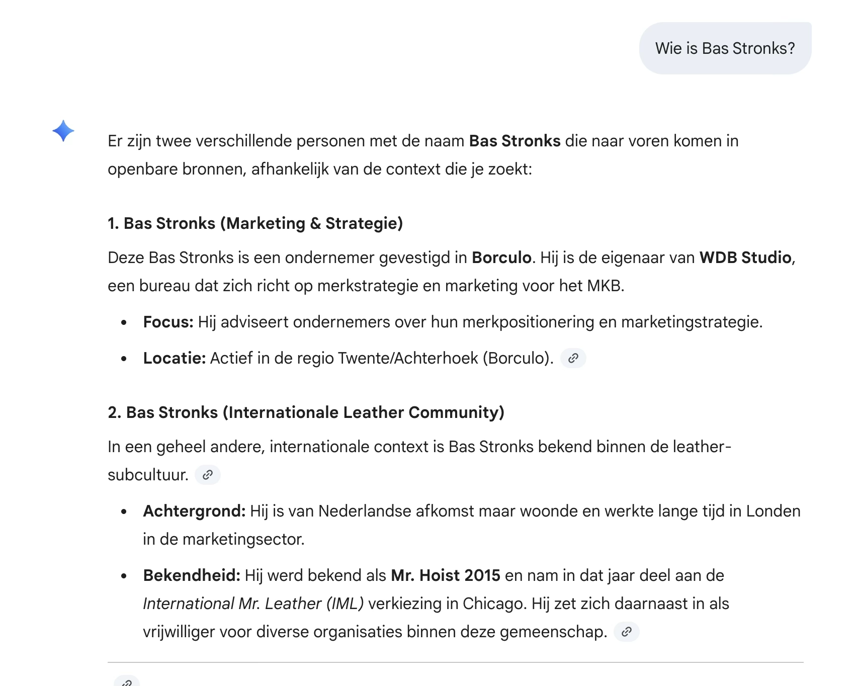 Screenshot van Gemini die op de vraag 'Wie is Bas?': twee aparte personen presenteert: een marketeer uit Borculo en een figuur uit de internationale leather-community.